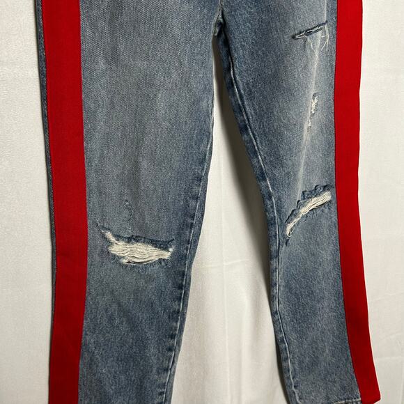 Carmen Straight Thrashed Distressed High Rise Red Tuxedo Stripe Denim Blue Jeans - Picture 5 of 10